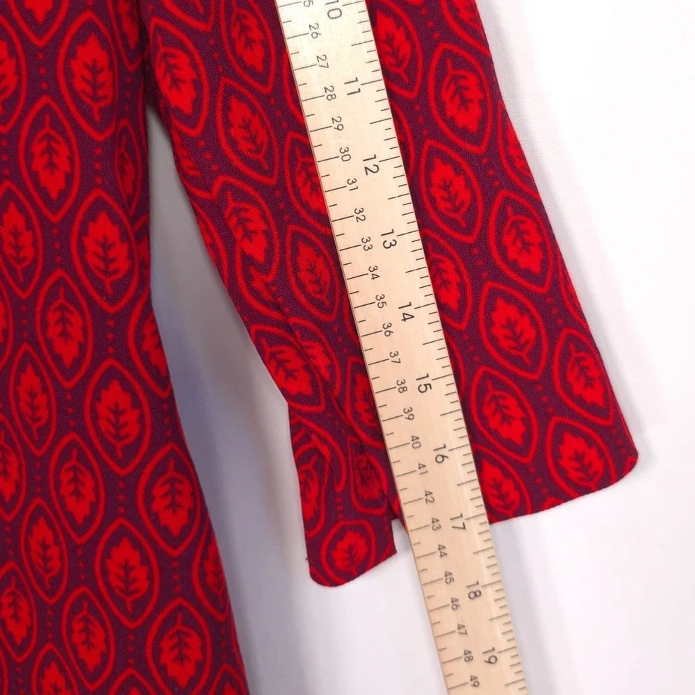 BODEN  Women's Knee Short Dress Shift US 6R Leaf Print Red 3/4 Sleeve WH990